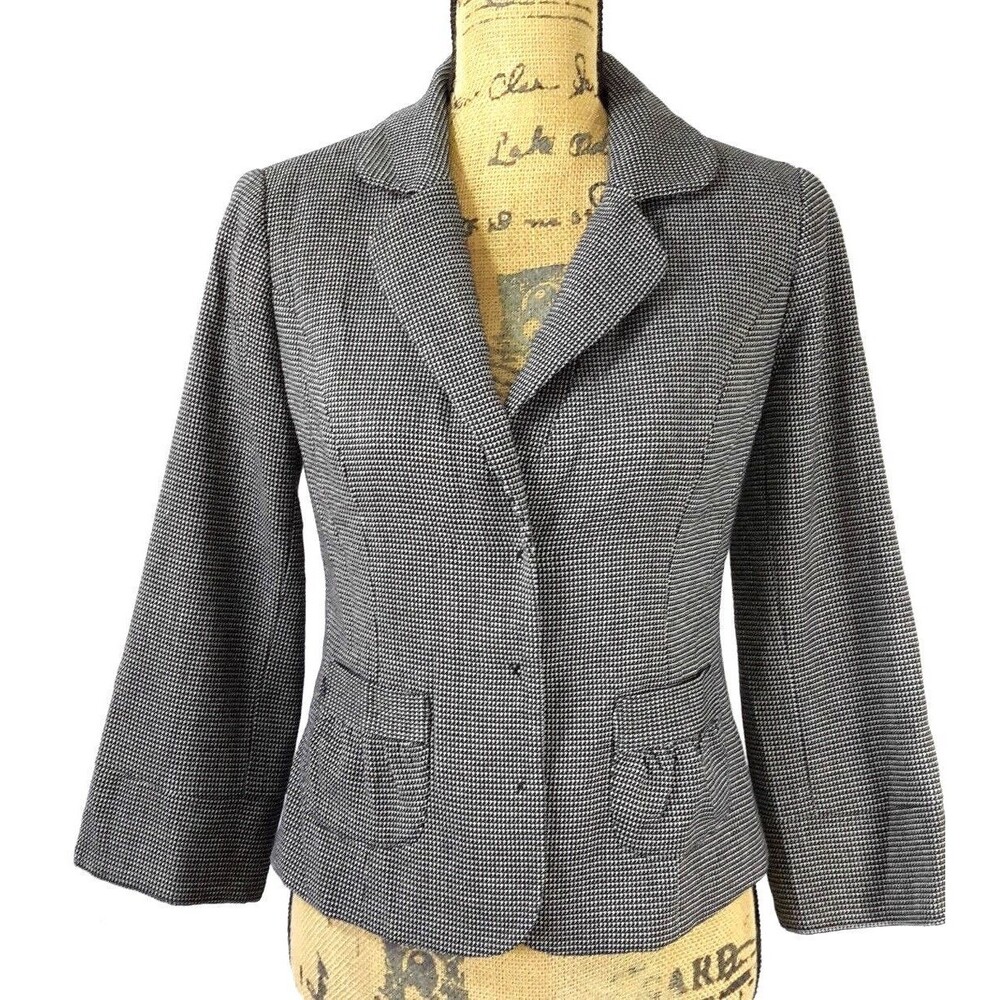 White House Black Market Blazer 4 Black White Woven Dot 3/4 sl Pocket Career